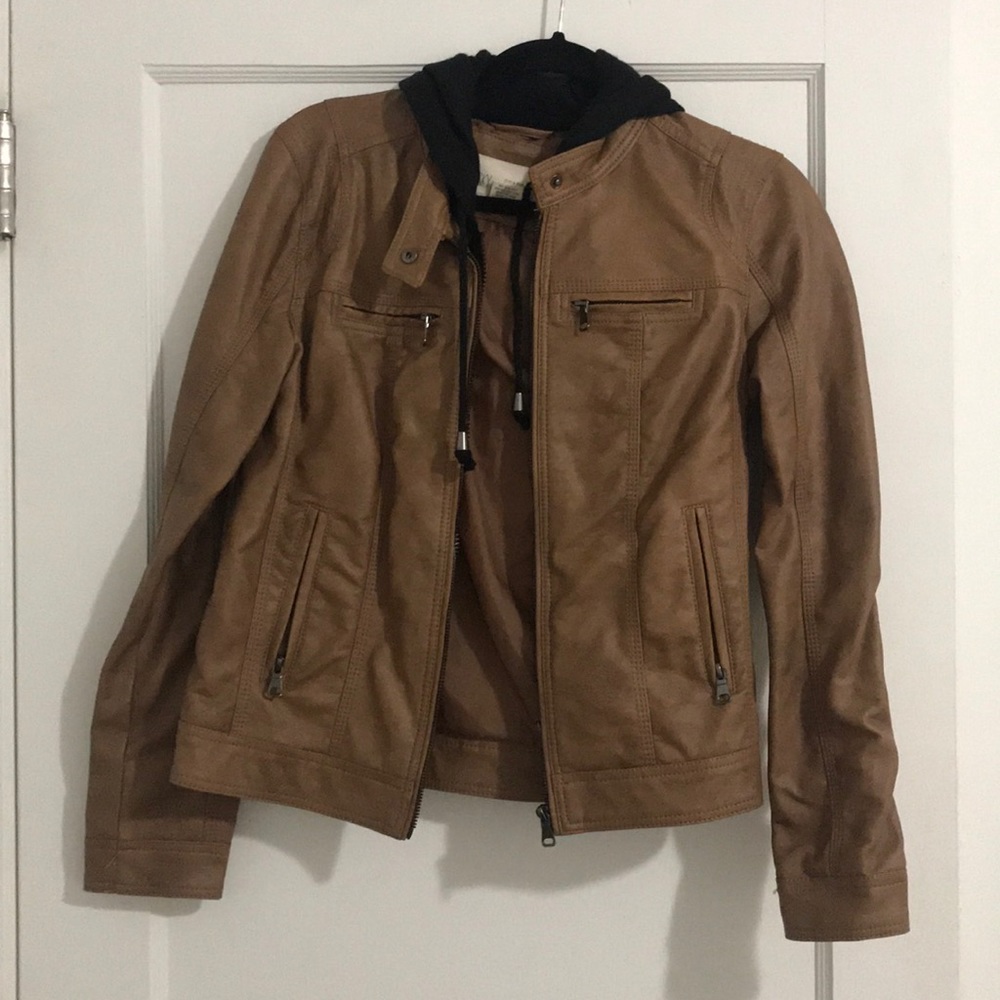Size small, faux leather jacket with built in hood